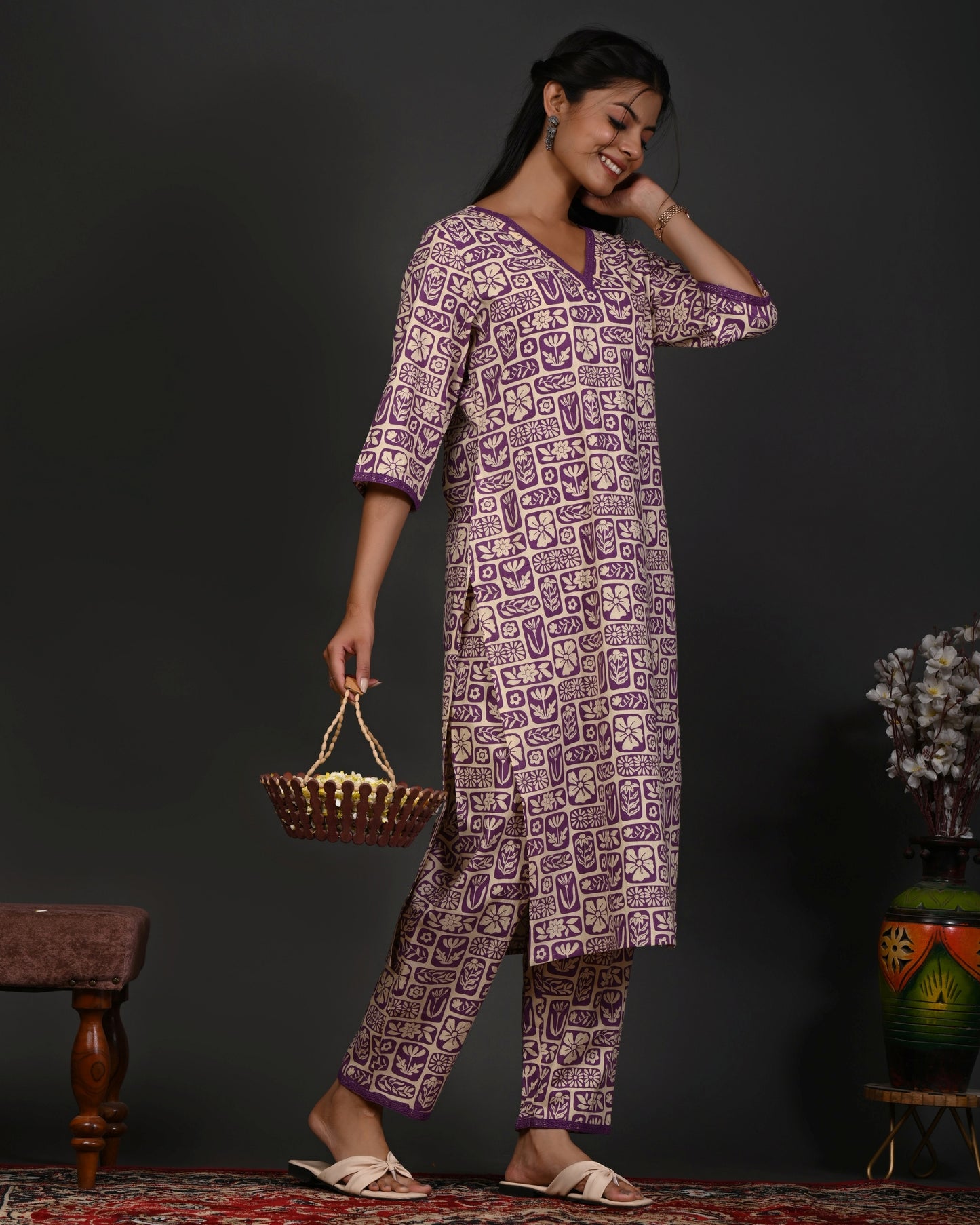 Rimeline Women Floral Printed Regular Pure Cotton Kurta with Trousers