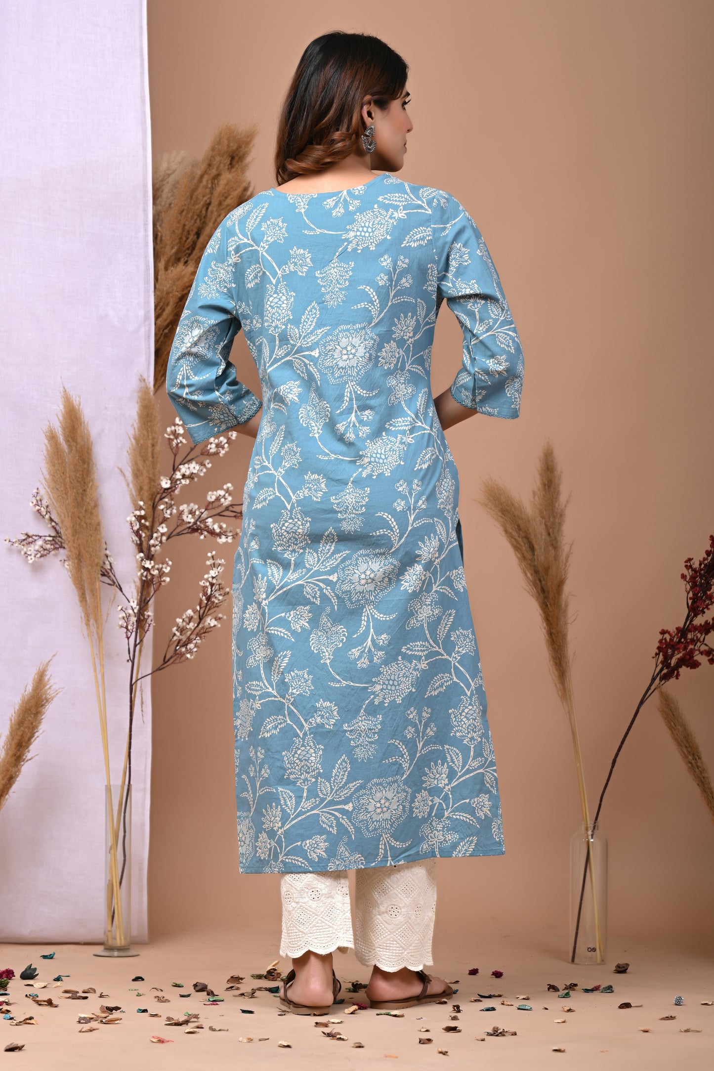 RimeLine Aqua Embroidered Printed V-Neck Kurti for women