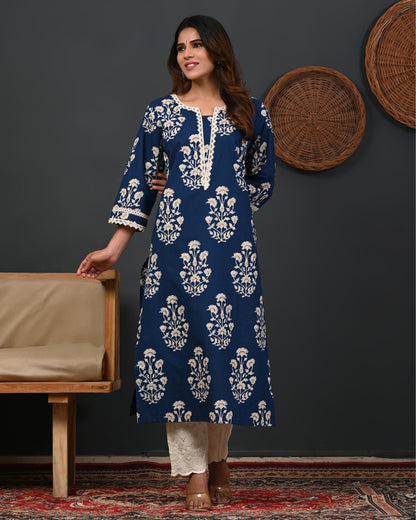 RimeLine Floral Printed Notch-Neck Straight Kurta