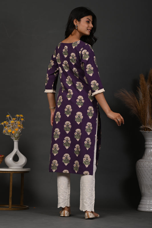 Rimeline Floral Screen Printed Notch Neck Pure Cotton Straight Kurta