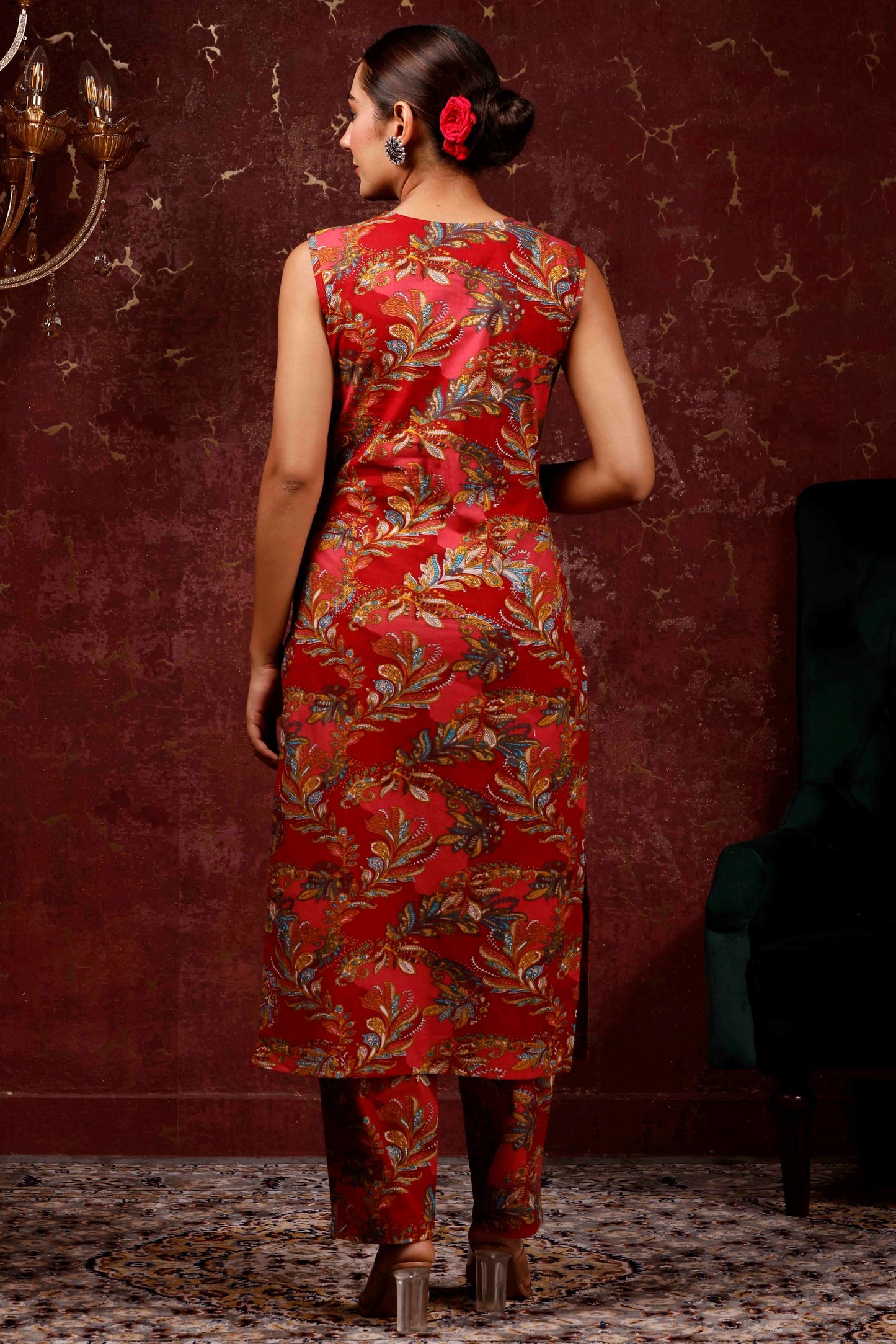 Rimeline Ethnic Motifs Printed V-Neck Pure Cotton Kurta With Trousers & Dupatta