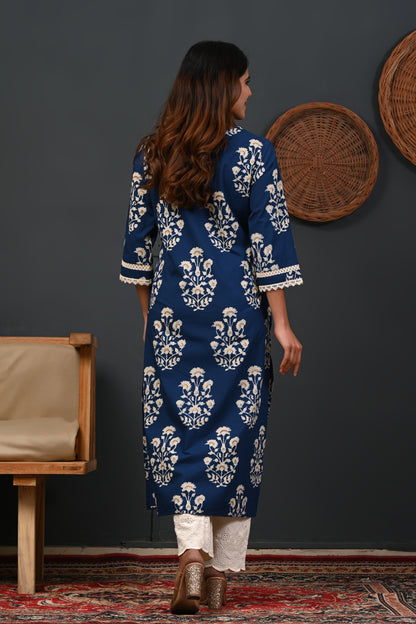 RimeLine Floral Printed Notch-Neck Straight Kurta