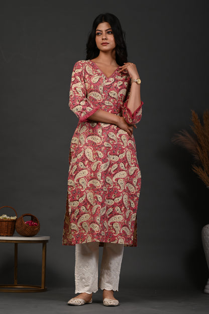 Rimeline Floral Printed V-Neck Cotton Straight Kurta