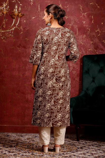 Rimeline Women Ethnic Motifs Printed Round Neck Pure Cotton Straight Kurta