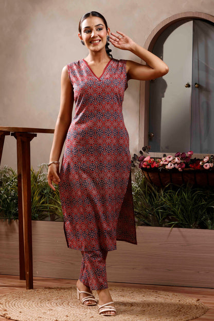 Rimeline Geometric Printed V-Neck Pure Cotton Kurta With Trousers
