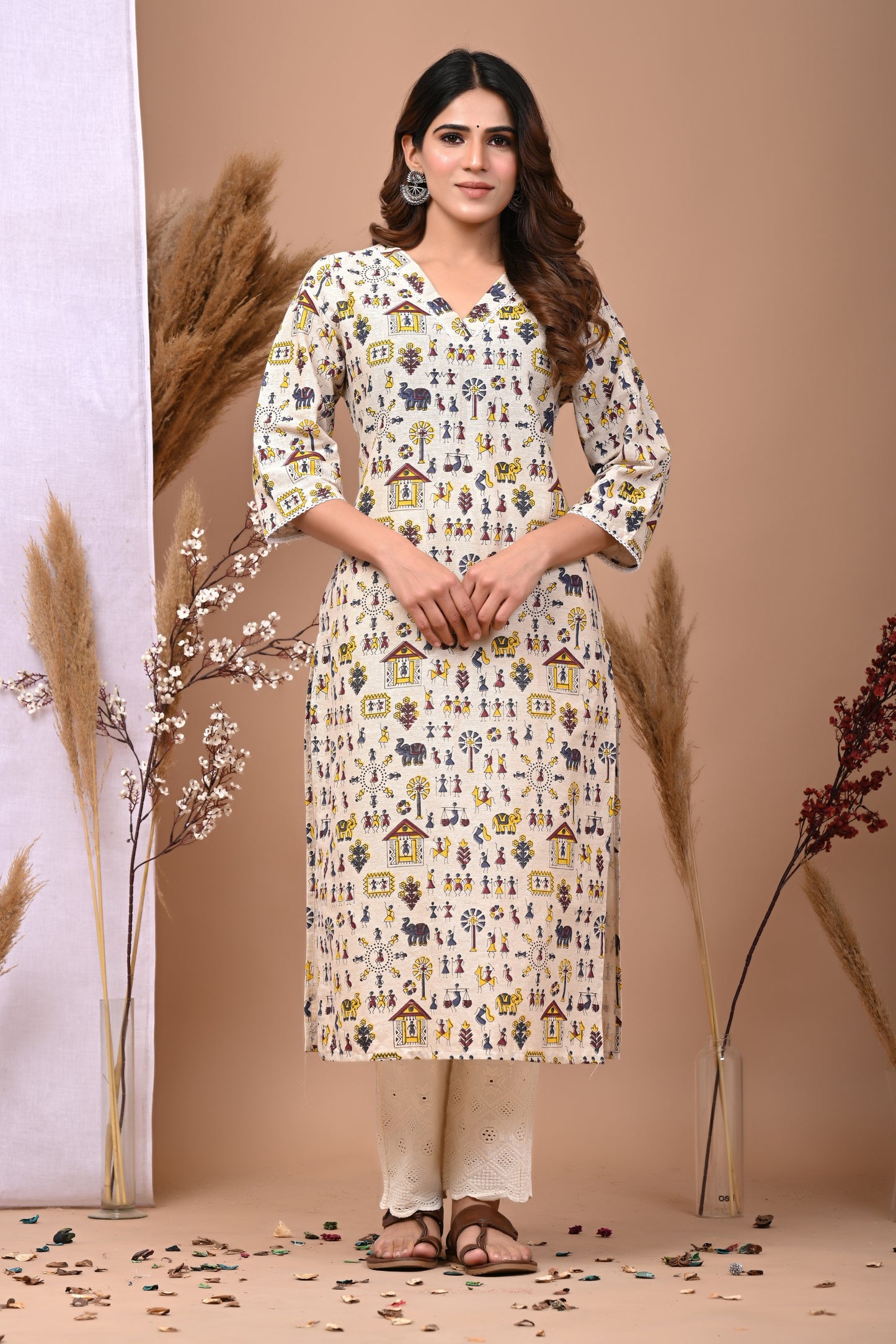 RimeLine Cream Ethnic Motifs Printed V-Neck Cotton Kurti