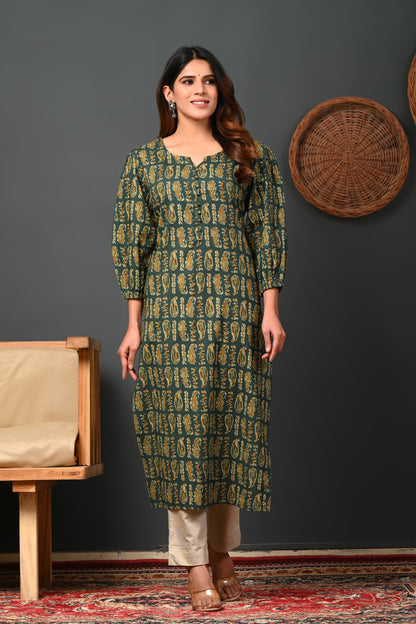 Rimeline Women Paisley Printed Puff Sleeves Pure Cotton Kurta