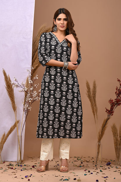 Floral Printed V-Neck Pure Cotton Kurti - Rimeline
