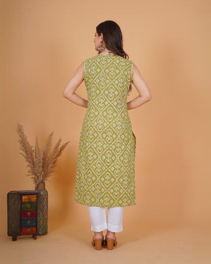 RimeLine Ethnic motifs printed Round neck  Green Straight Kurta for Women