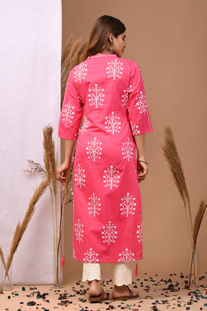 RimeLine Mesh Pink Mandain Neck Kurti For Women