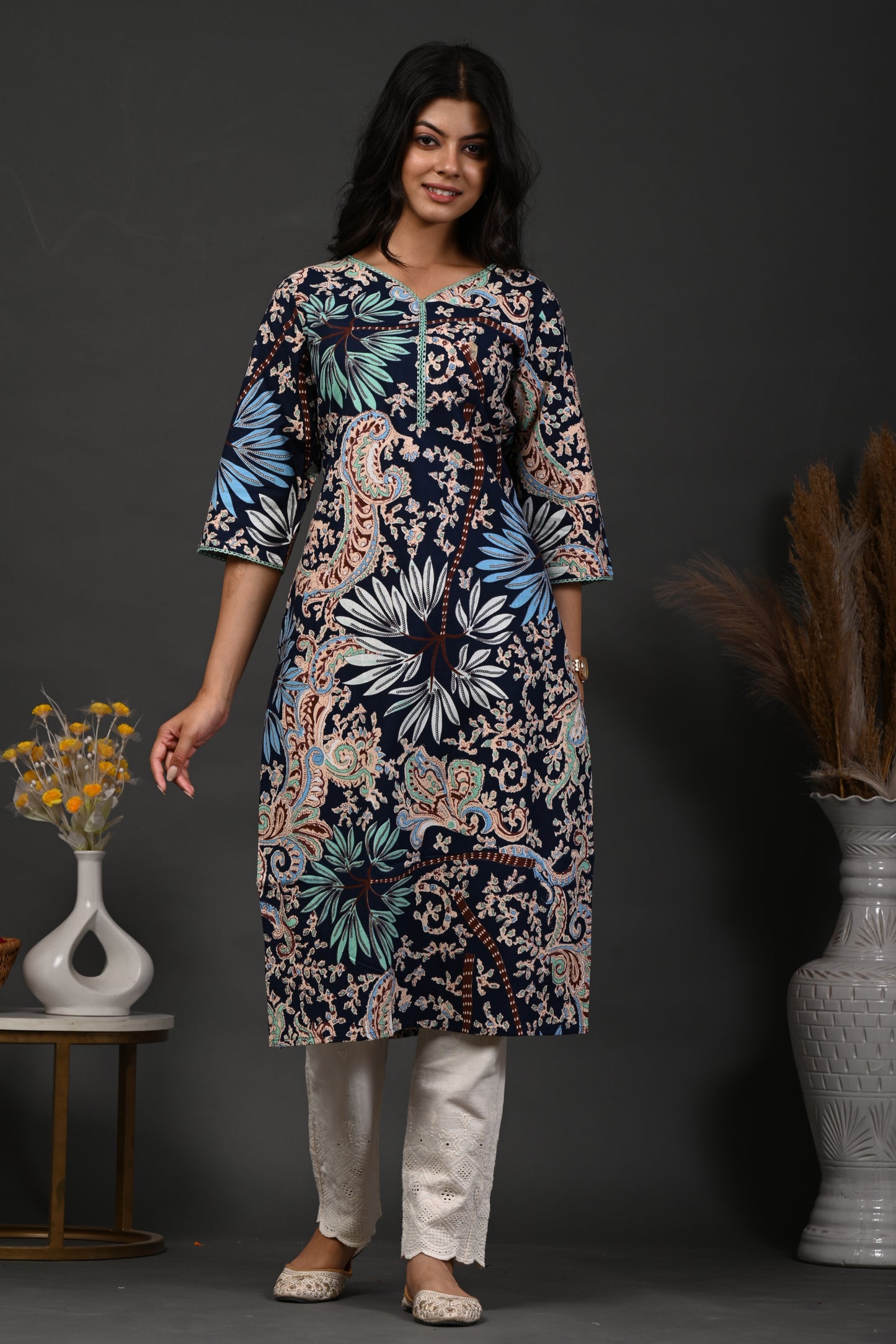 Rimeline Floral Screen Printed Sweetheart Neck Pure Cotton Straight Kurta
