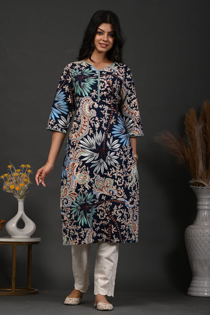 Rimeline Floral Screen Printed Sweetheart Neck Pure Cotton Straight Kurta