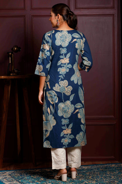 Rimeline Floral Printed V-Neck Straight Pure Cotton Kurta