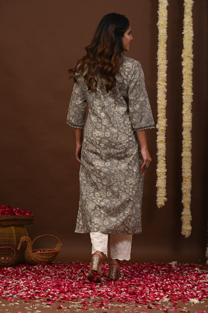 Rimeline Floral Printed V-Neck Pure Cotton Straight Kurtas