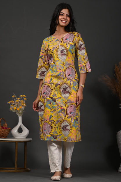 Rimeline Floral Screen Printed Sweetheart Neck Pure Cotton Straight Kurta