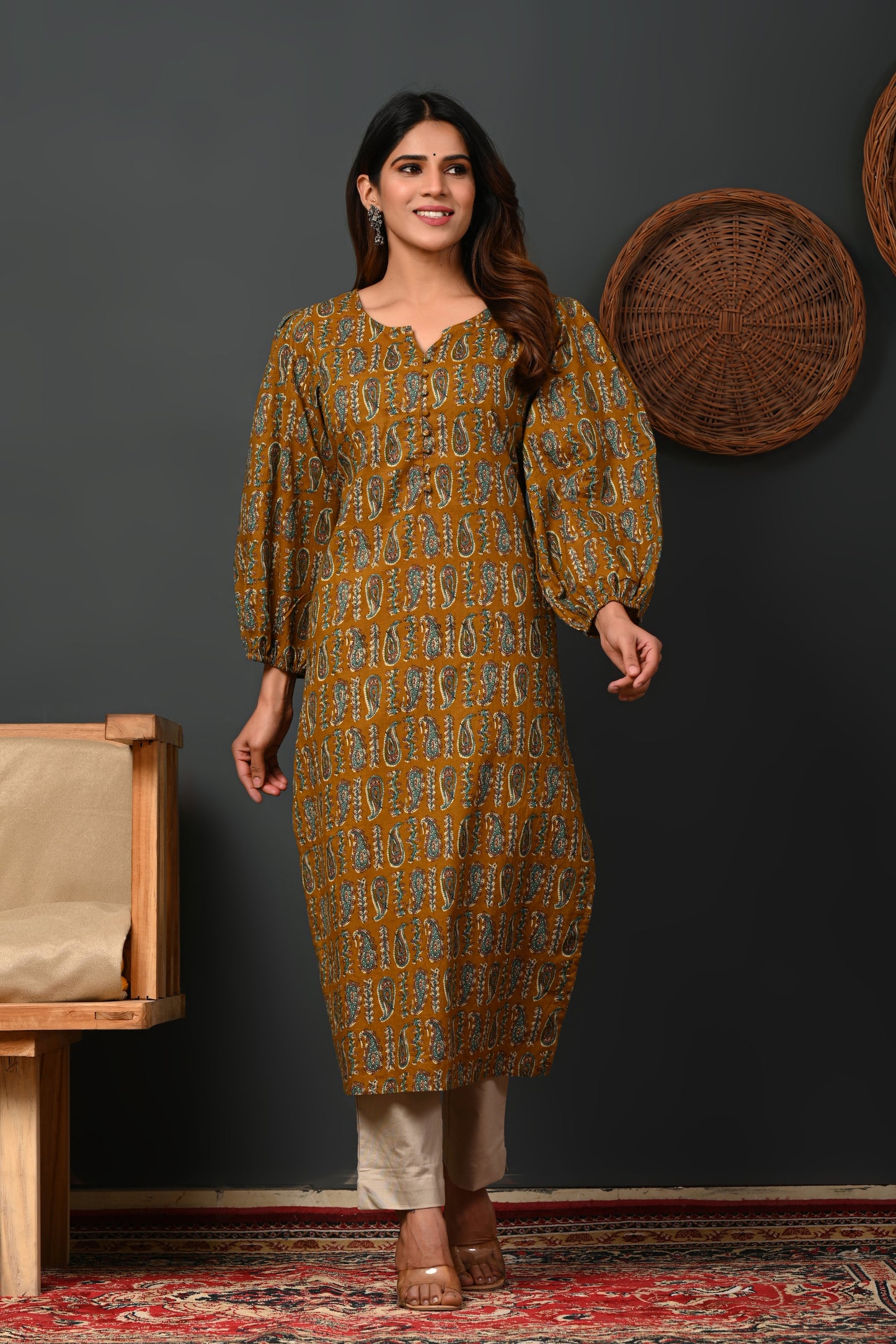Rimeline Ethnic Motifs Printed Round Neck Puff Sleeves Pure Cotton Kurta