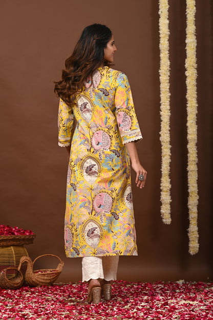 RimeLine Floral Printed Notch-Neck Straight Kurta