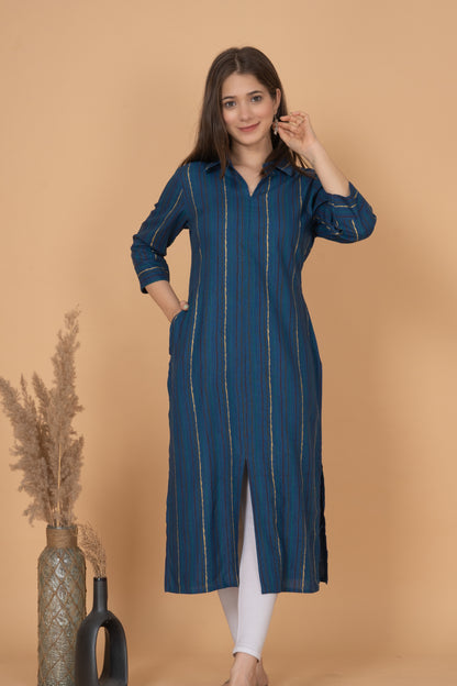 RimeLine Blue Collered Neck Kurti For Women