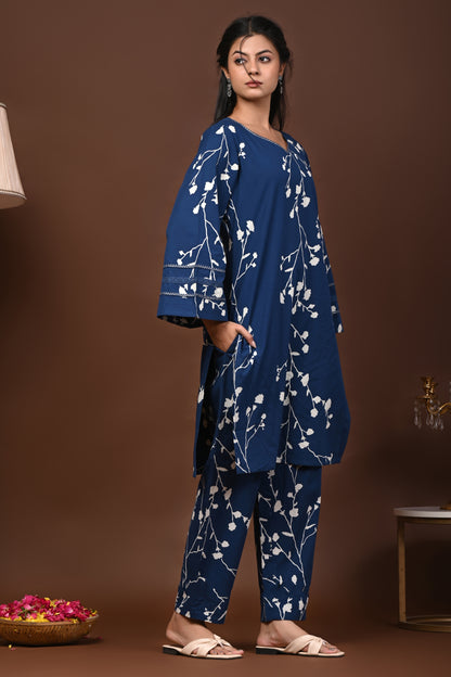 Rimeline Floral Printed V-Neck Flared Sleeves Pure Cotton Straight Kurta With Trouser