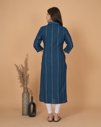 RimeLine Blue Collered Neck Kurti For Women