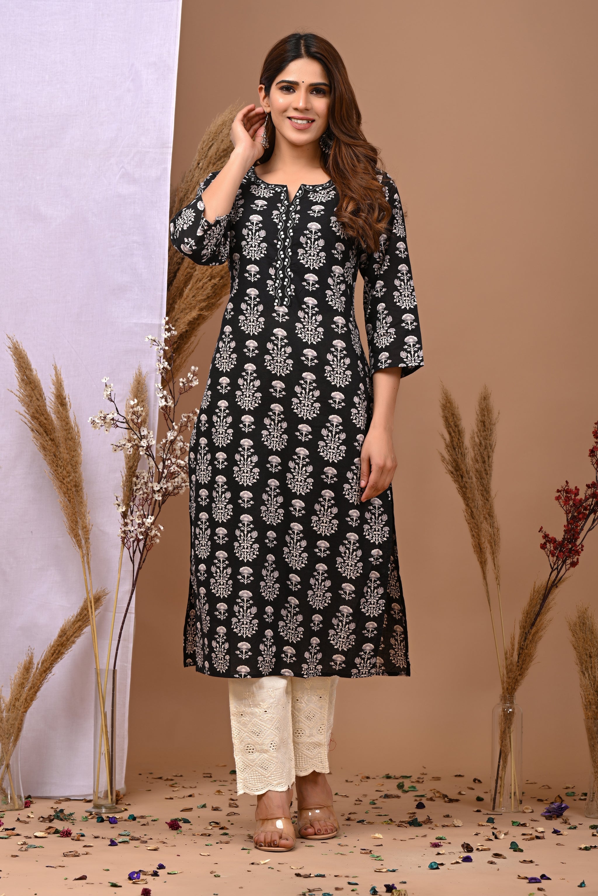 Floral Printed Notch Neck Pure Cotton Straight Kurta - Rimeline