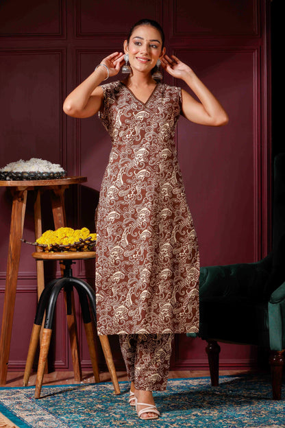 Rimeline Ethnic Motifs Printed A-Line Pure Cotton Kurta with Trousers