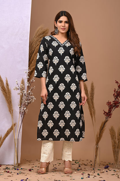RimeLine Black Ethnic Motifs Printed V-Neck Cotton Kurti