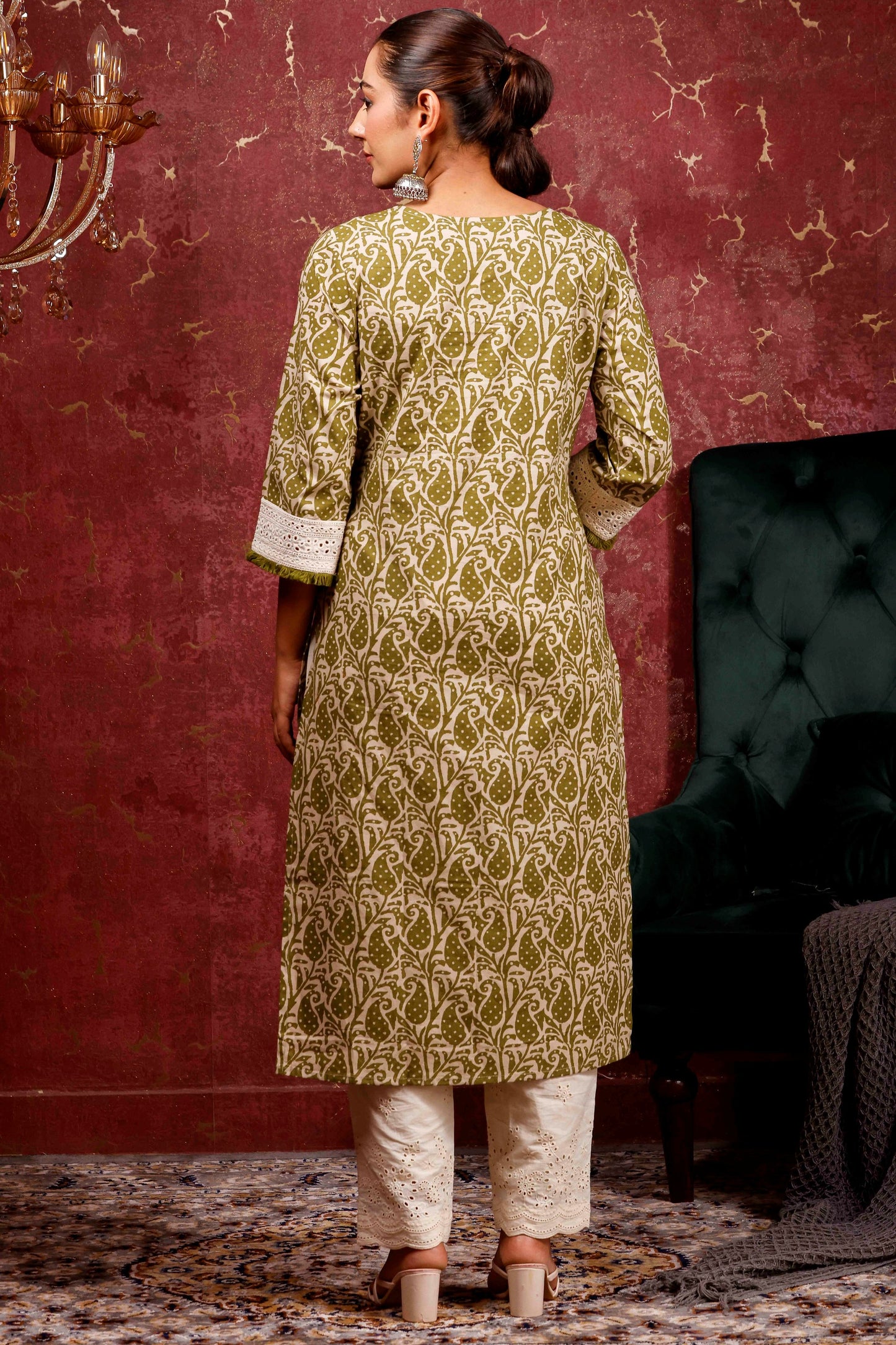 Rimeline Ethnic Motifs Printed V-Neck Cotton Straight Kurta