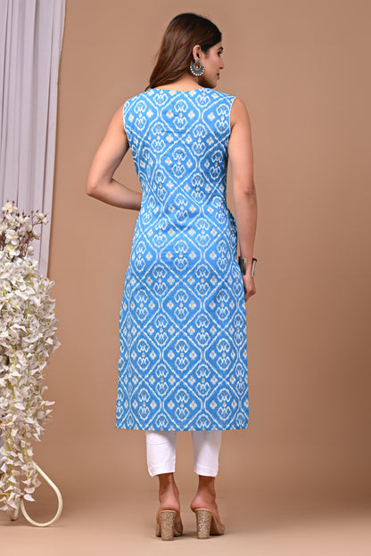 RimeLine Ethnic motifs printed Round neck Sleeveless Blue Straight Kurta for Women