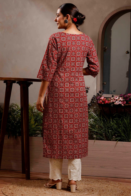 Rimeline Ethnic Motifs Printed Notch Neck Straight Cotton Kurta