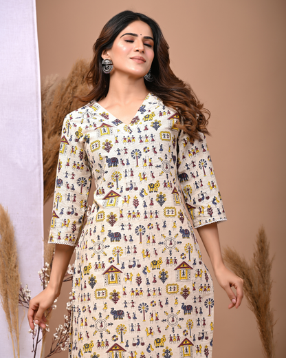 Ethnic Motifs Printed V-Neck Three-Quarter Sleeves Pure Cotton Straight Kurta