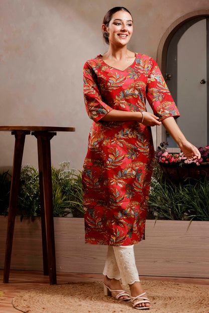Rimeline Ethnic Motifs Printed Notch Neck Straight Pure Cotton Kurta