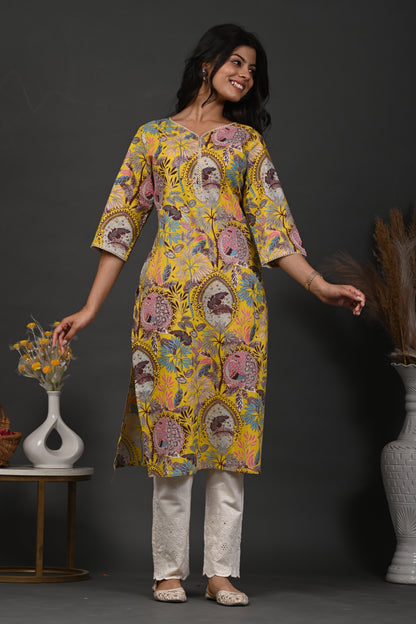 Rimeline Floral Screen Printed Sweetheart Neck Pure Cotton Straight Kurta