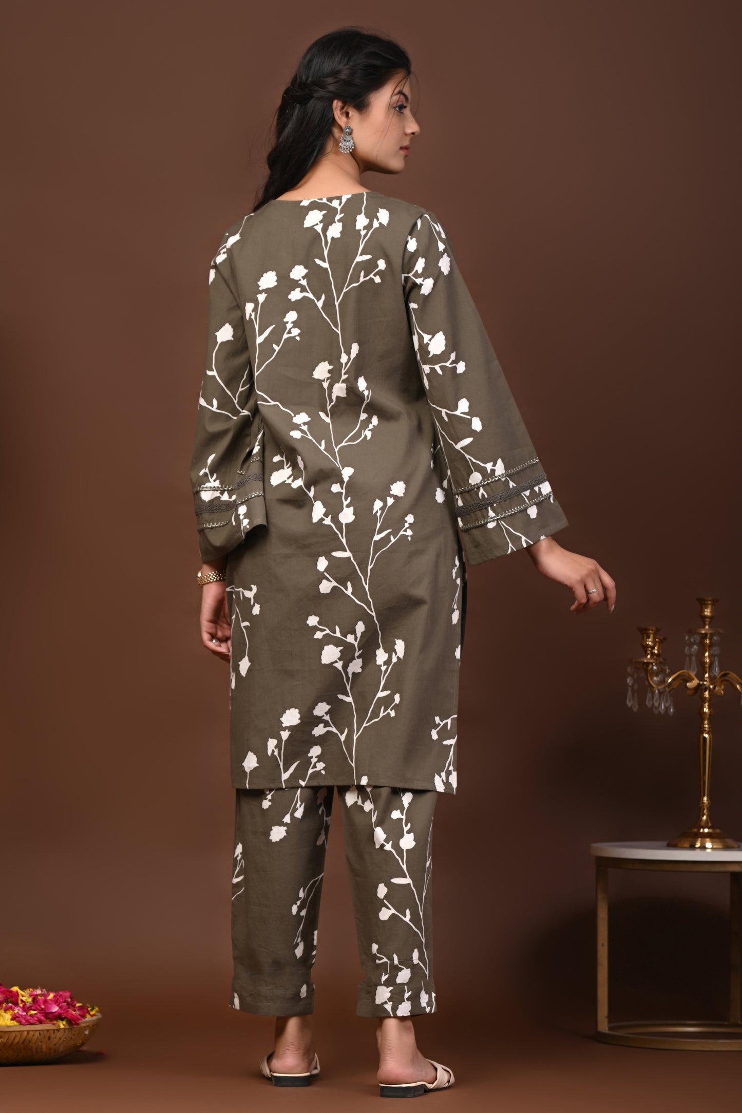 Rimeline Floral Printed V-Neck Flared Sleeves Pure Cotton Straight Kurta With Trouser