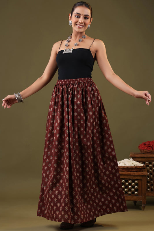 Rimeline Women Printed Pure Cotton Flared MaxiSkirt