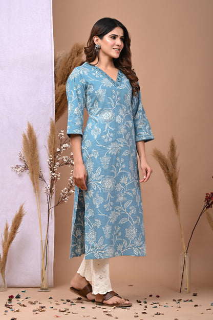 RimeLine Aqua Embroidered Printed V-Neck Kurti for women