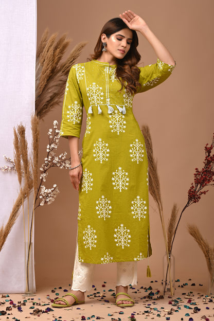 RimeLine Mesh Green Mandain Neck Kurti For Women