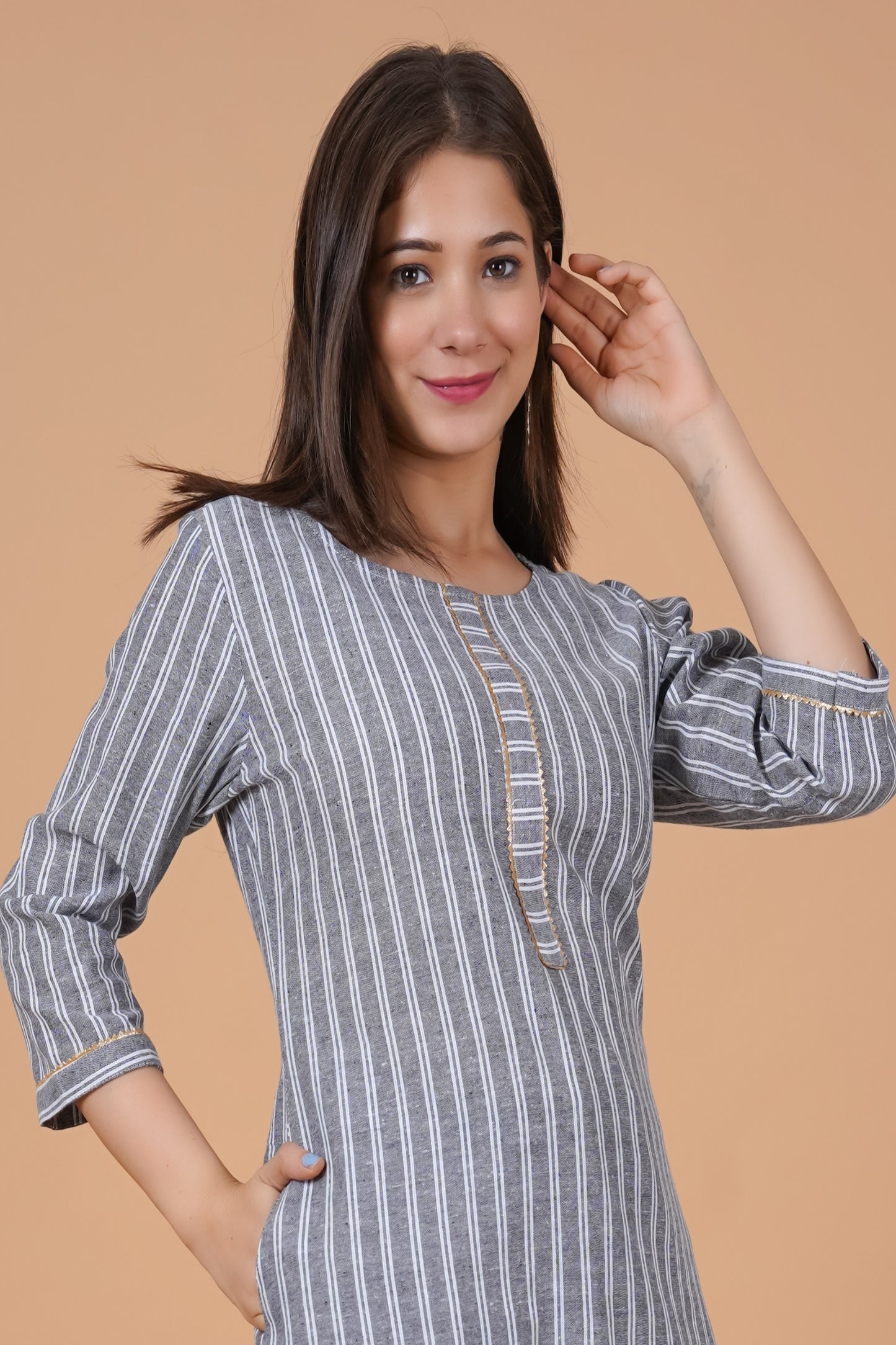 RimeLine Round Neck stripped Straight kurta for women - Rimeline