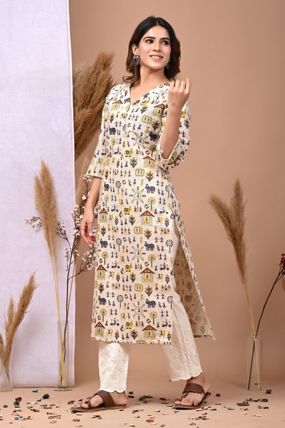 RimeLine Cream Ethnic Motifs Printed V-Neck Cotton Kurti