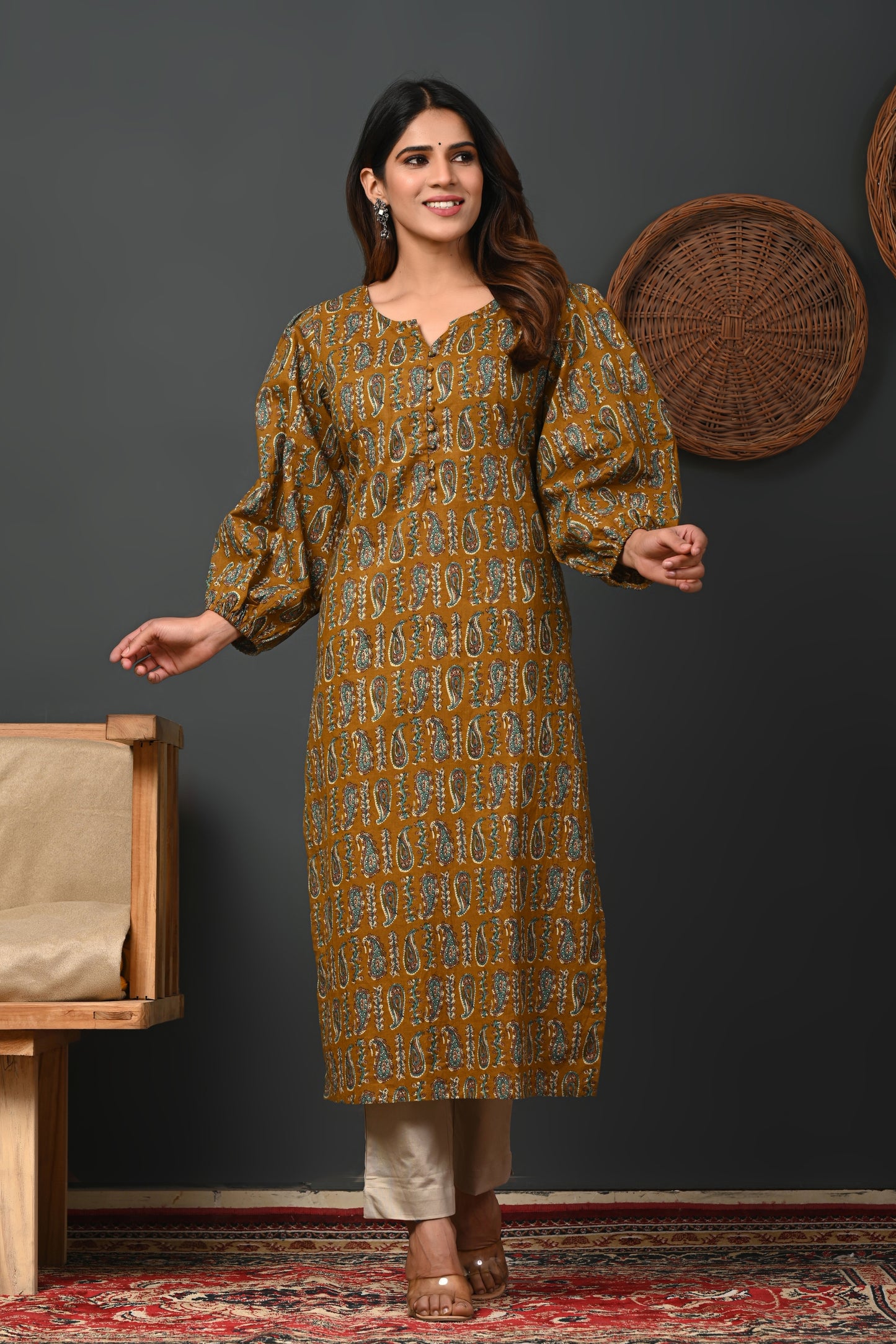 Rimeline Ethnic Motifs Printed Round Neck Puff Sleeves Pure Cotton Kurta