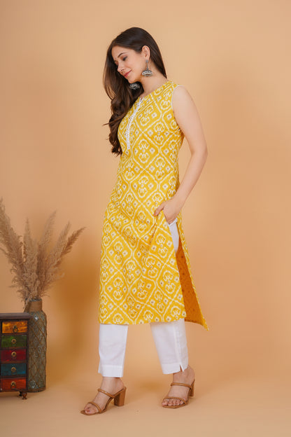 RimeLine Yellow Ethnic motifs printed Round neck Sleeveless Straight Kurta for Women
