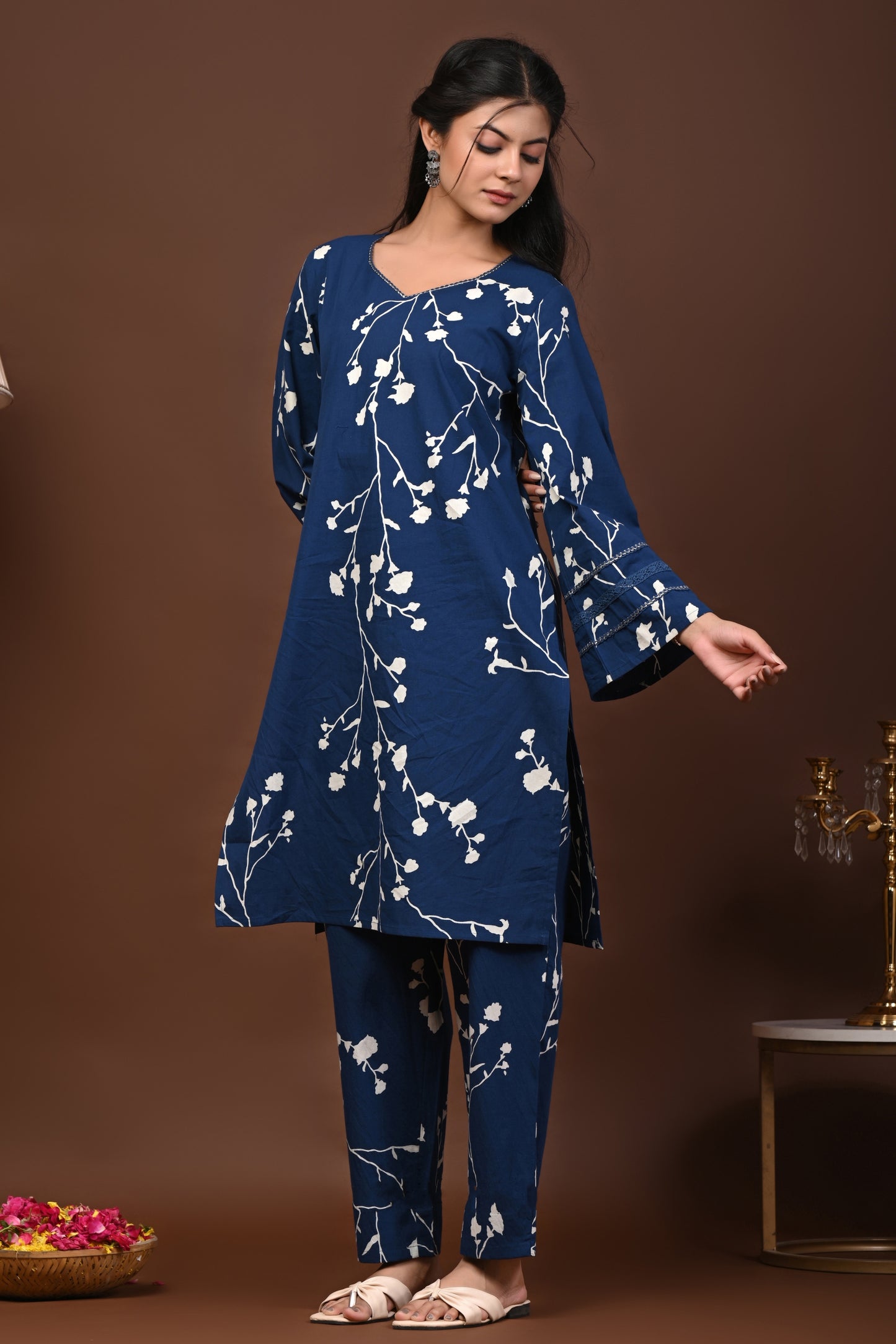 Rimeline Floral Printed V-Neck Flared Sleeves Pure Cotton Straight Kurta With Trouser