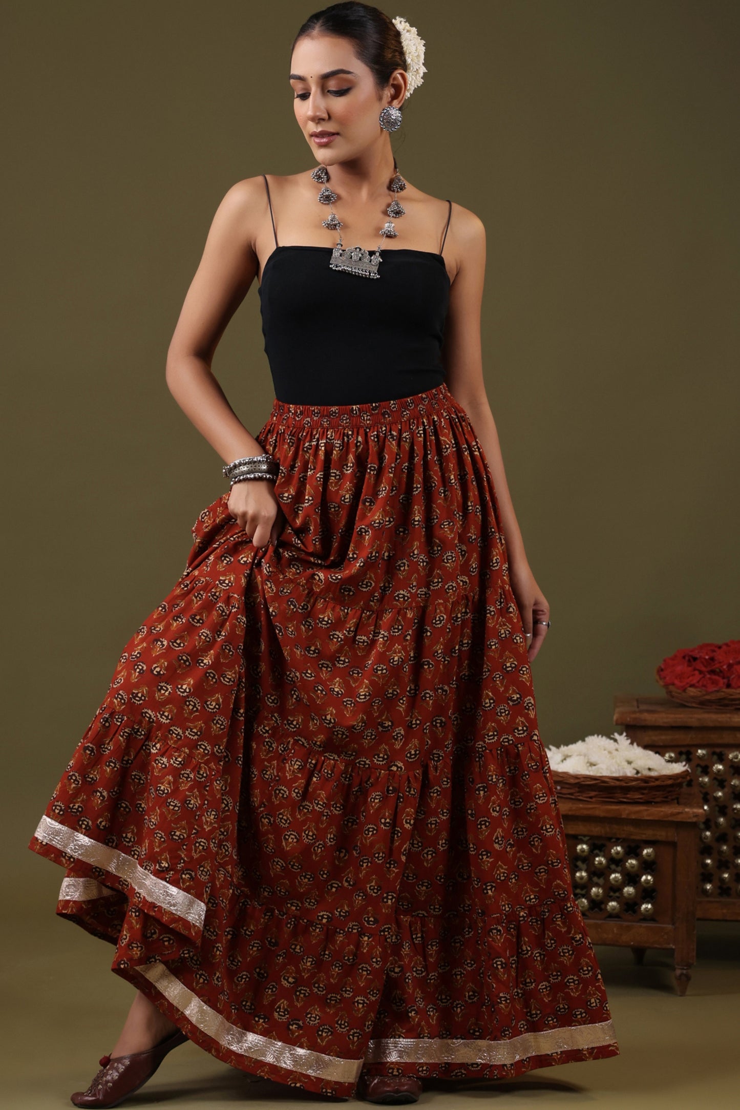 Rimeline Printed Pure Cotton Flared Tiered Maxi Skirt