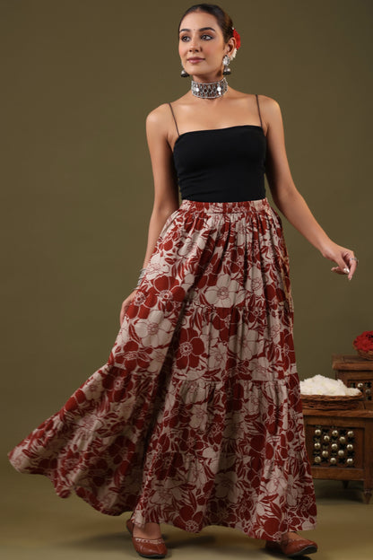 Rimeline Floral Printed Pure Cotton Flared Maxi Skirt