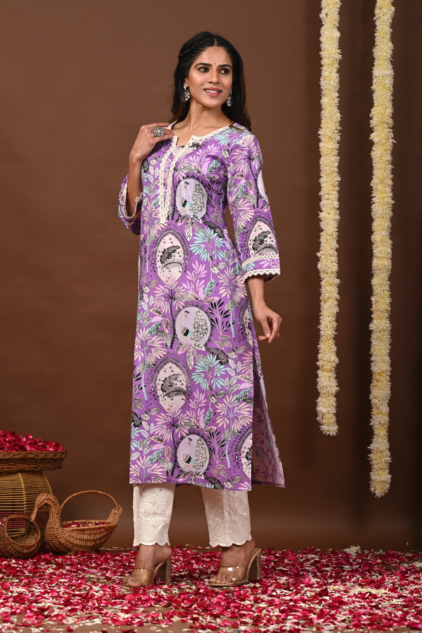 RimeLine Floral Printed Notch-Neck Straight Kurta