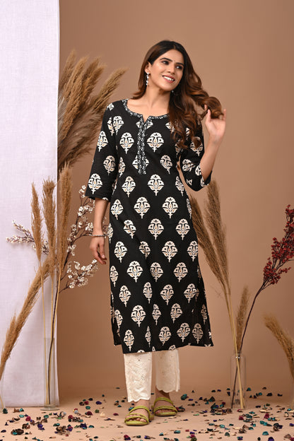RimeLine Black Ethnic Motifs Printed Round-Nack Cotton Kurti