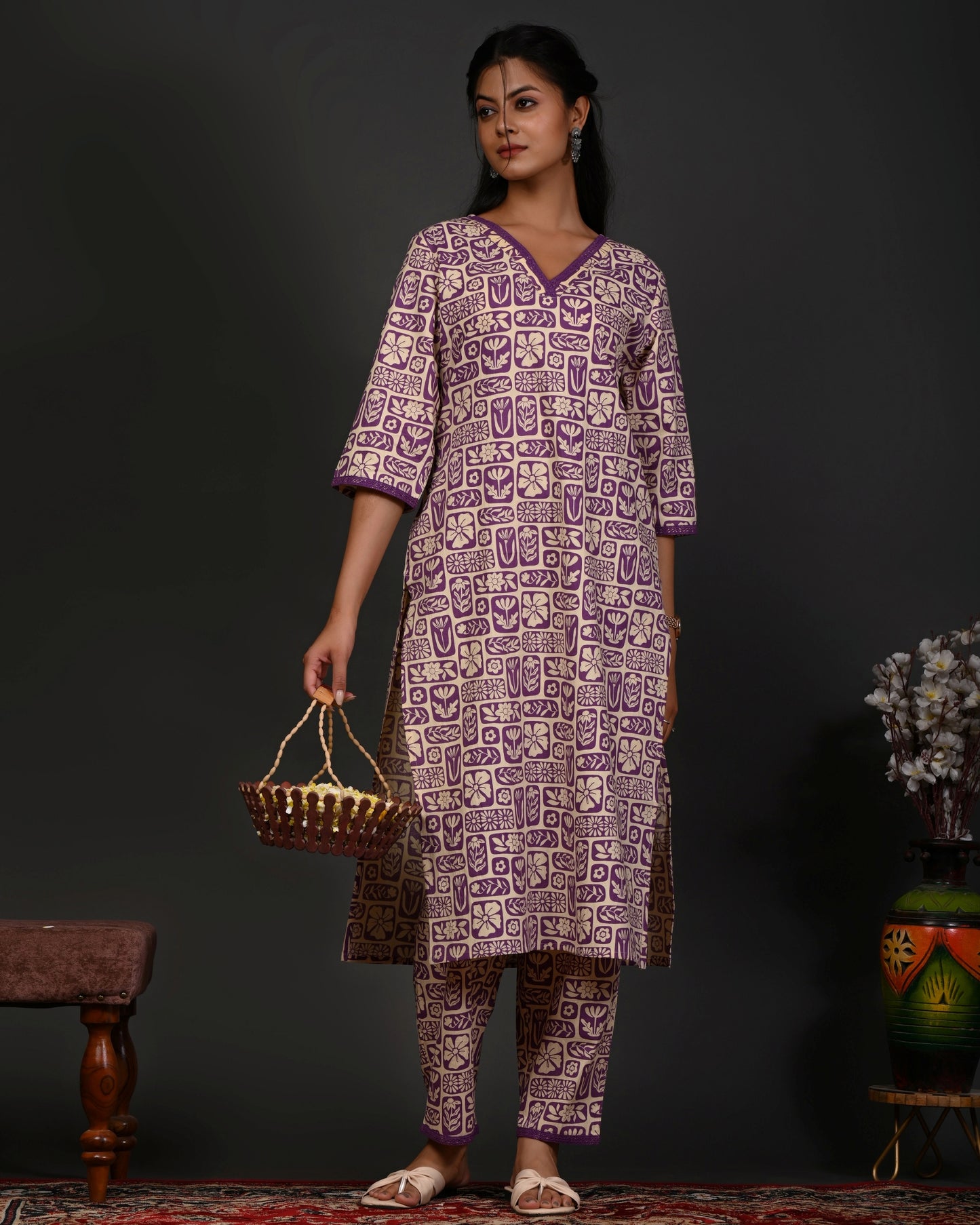 Rimeline Women Floral Printed Regular Pure Cotton Kurta with Trousers