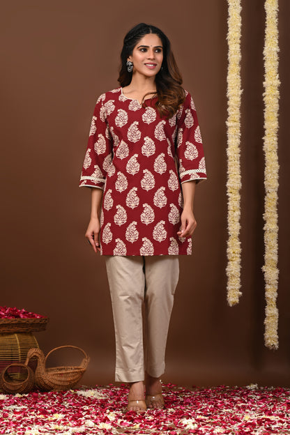 RimeLine Maroon Women Ethnic Motifs Printed Round-Neck Pure Cotton Kurti