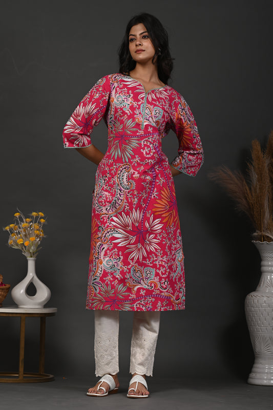 Rimeline Floral Screen Printed Sweetheart Neck Pure Cotton Straight Kurta