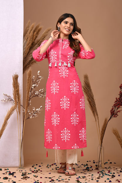 RimeLine Mesh Pink Mandain Neck Kurti For Women